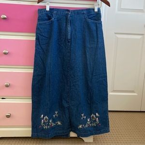 Vintage denim embroidered floral midi skirt
